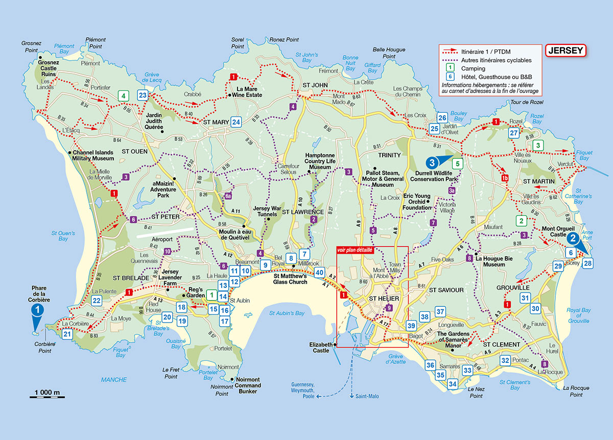 Itinéraires cyclables à Jersey • Le Tour de Manche, tome 2. De Saint-Malo à Saint-Malo • Éditions Itinérance à Vélo • Cartographie Fabrice Le Goff