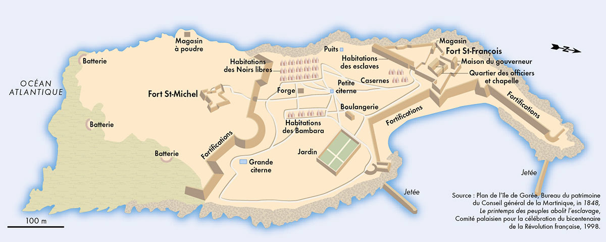 L'île de Gorée fortifiée (Sénégal)  • Atlas des esclavages • Éditions Autrement • Cartographie Fabrice Le Goff