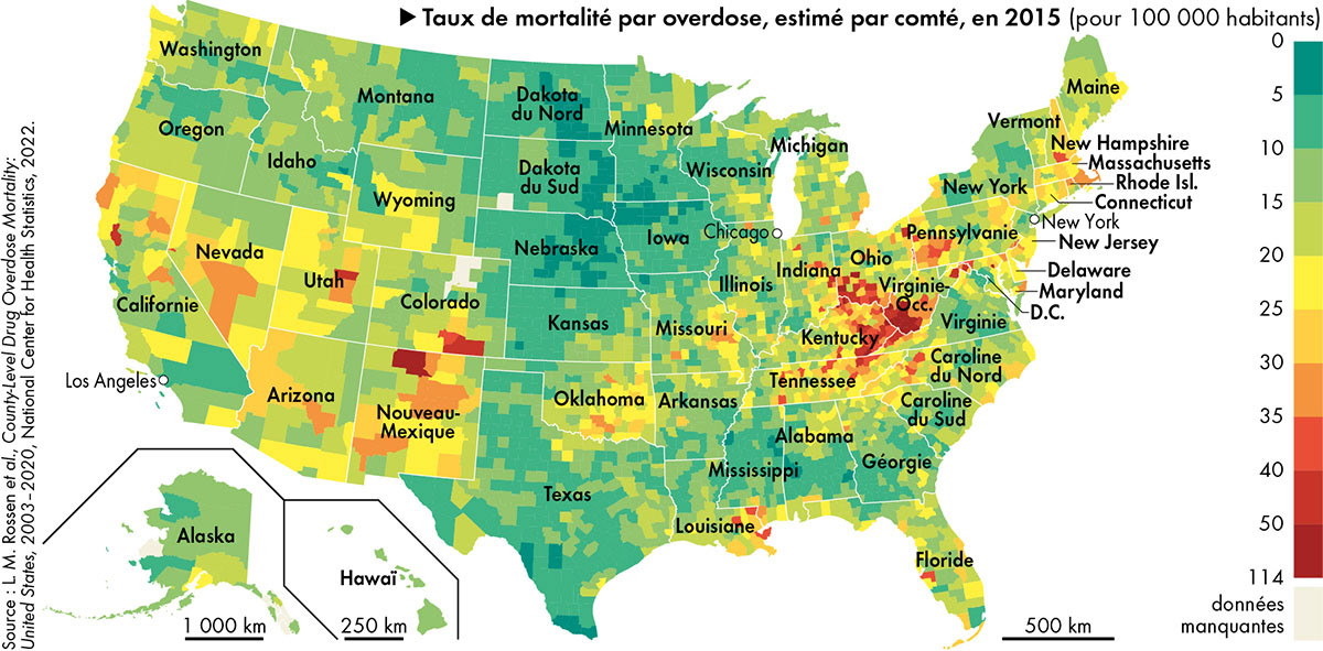 Déclin industriel, opioïdes et VIH aux États-Unis • Atlas historique des épidémies • Éditions Autrement • Cartographie Fabrice Le Goff