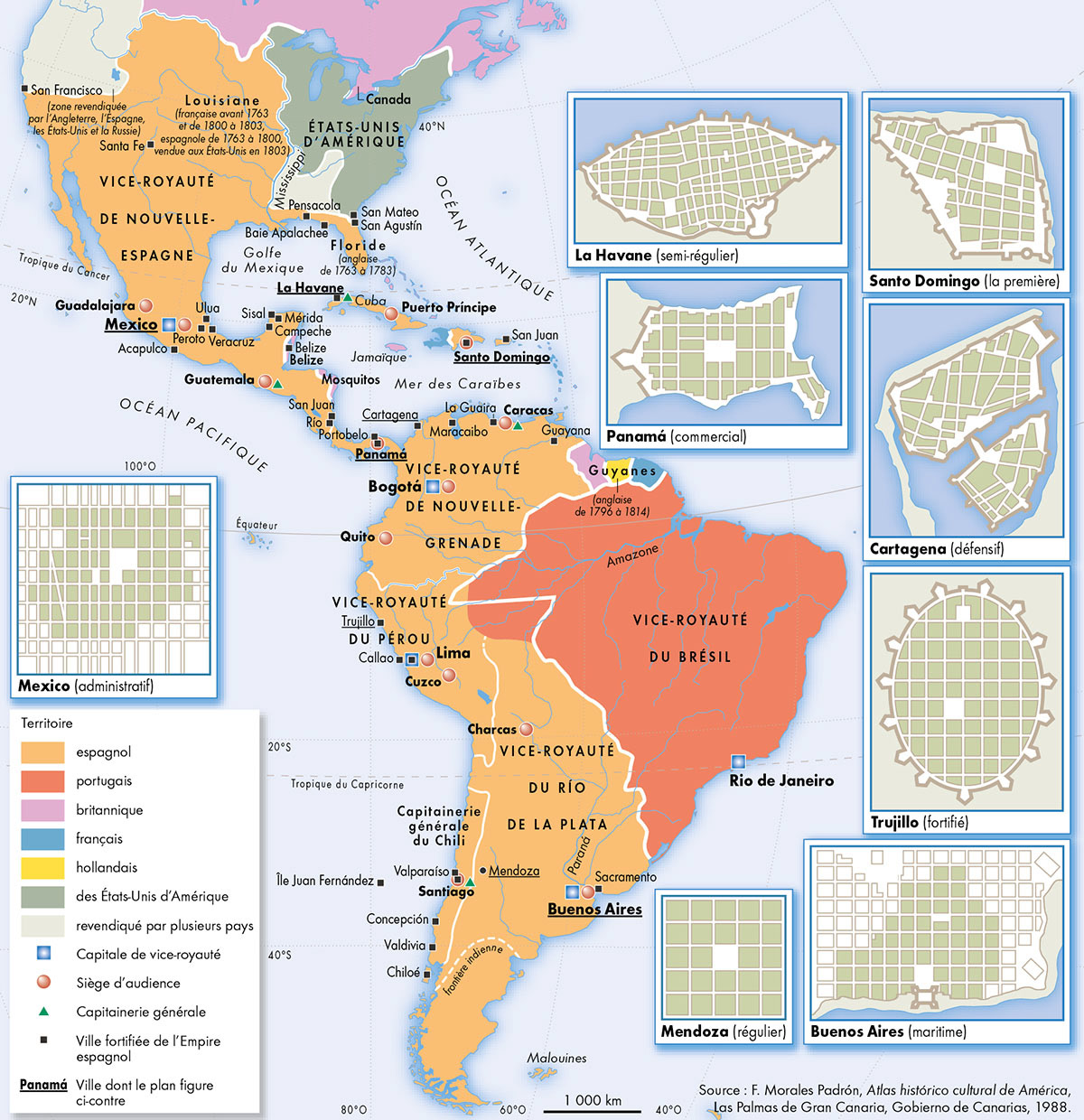L'empire espagnol et ses villes à la fin du XVIIIe siècle • Atlas des premières colonisations • Éditions Autrement • Cartographie Fabrice Le Goff