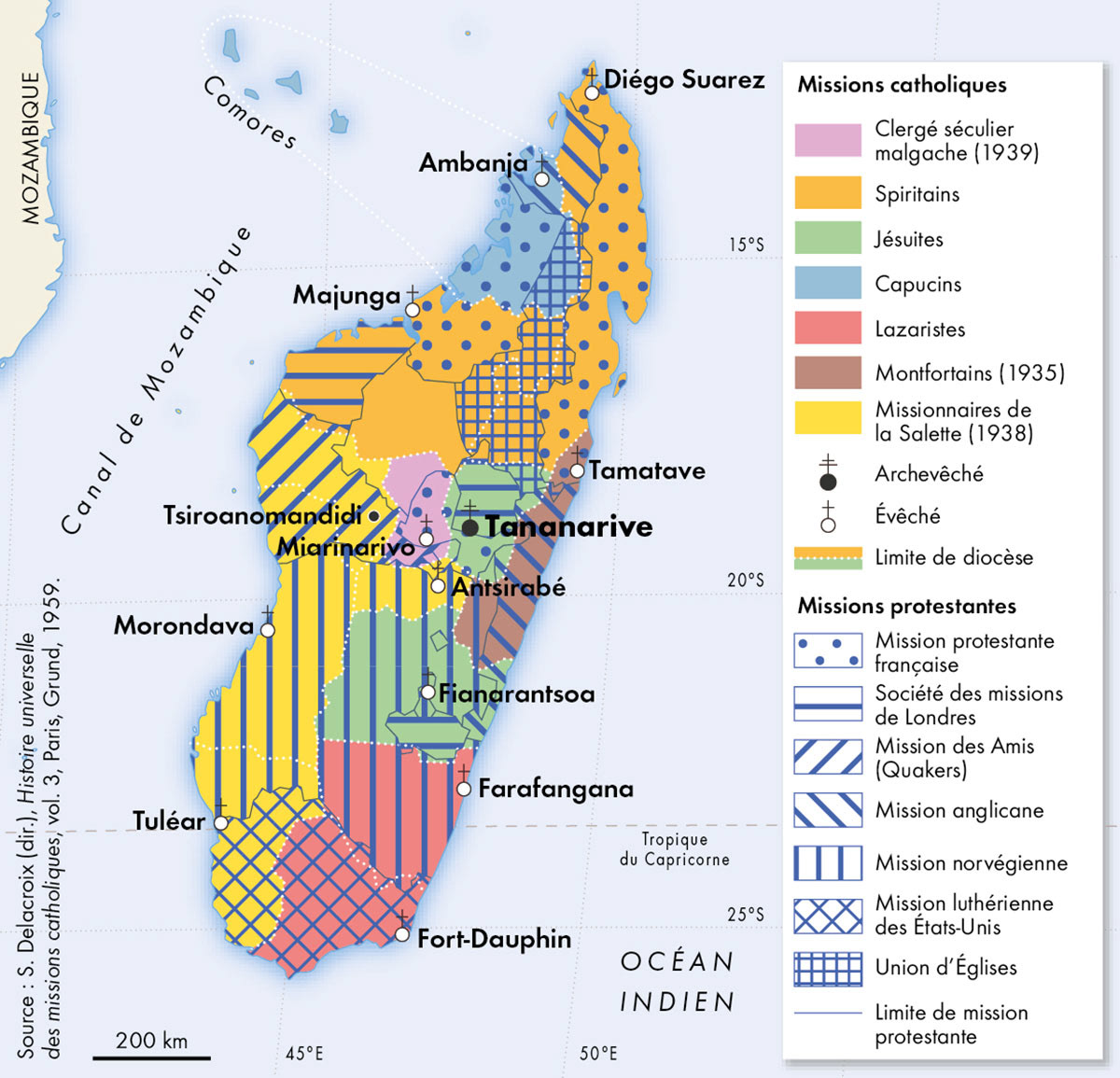 Rivalités impériales : missions catholiques et protestantes à Madagascar (1930) • Atlas des empires coloniaux • Éditions Autrement • Cartographie Fabrice Le Goff