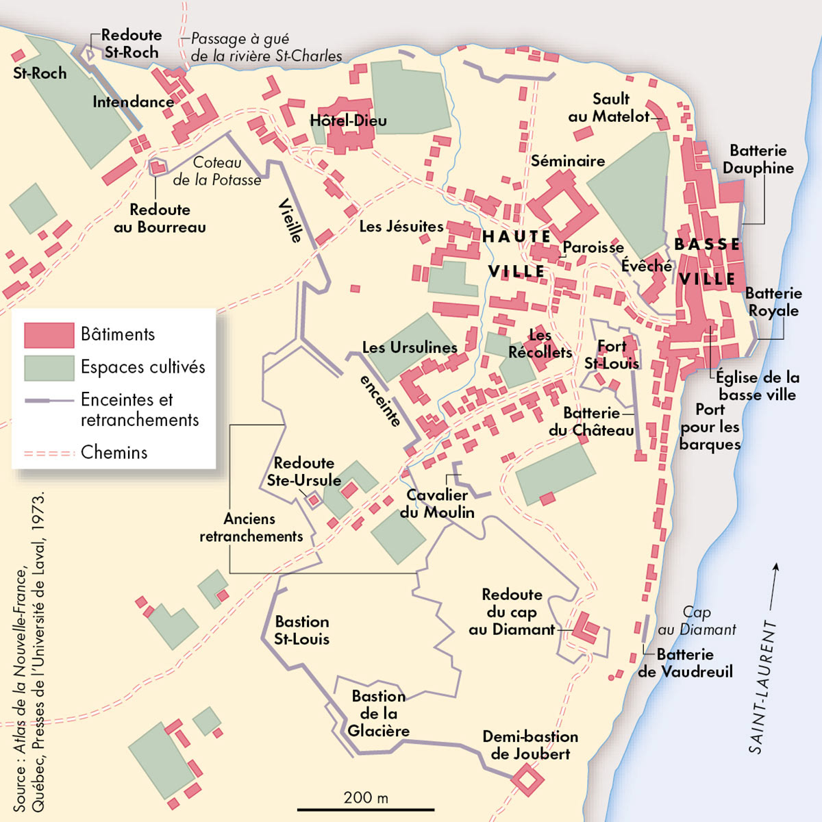 La ville de Québec vers 1760 • Atlas des premières colonisations • Éditions Autrement • Cartographie Fabrice Le Goff