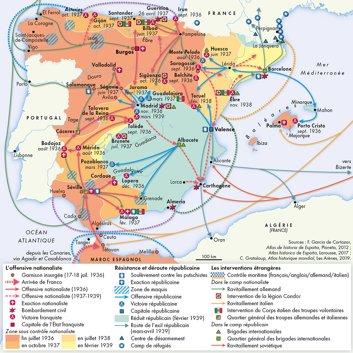 La guerre civile espagnole (1936-1939) • Atlas historique de la Méditerranée • Éditions Autrement • Cartographie Fabrice Le Goff