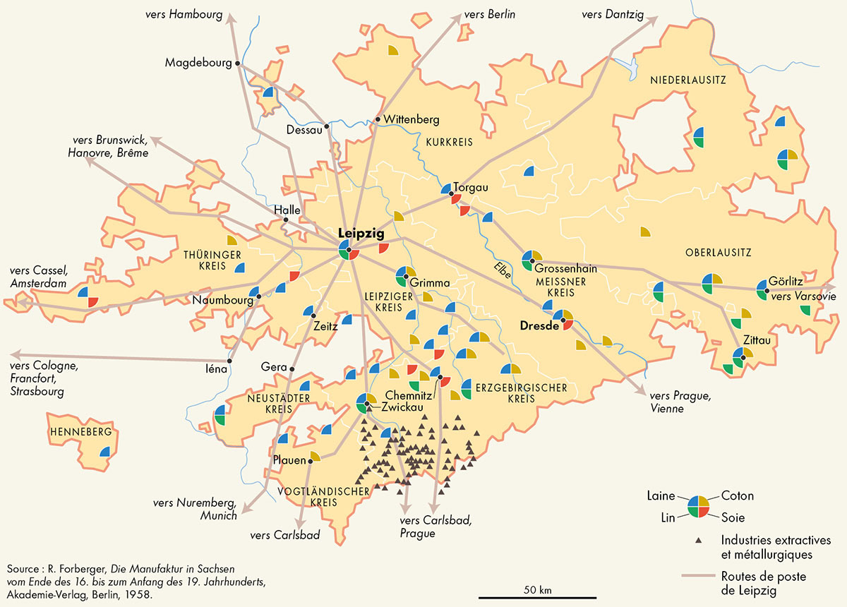 La proto-industrie en Saxe au début du XIXe siècle • Atlas de l'empire napoléonien • Éditions Autrement • Cartographie Fabrice Le Goff