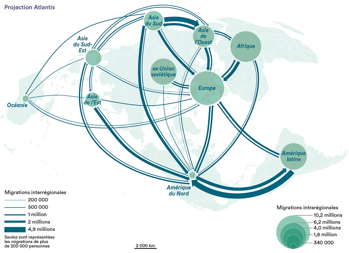 L'impossible planisphère des migrations • Christian Grataloup • Migrations. Une odyssée humaine • Éditions du MNHN • Cartographie Fabrice Le Goff
