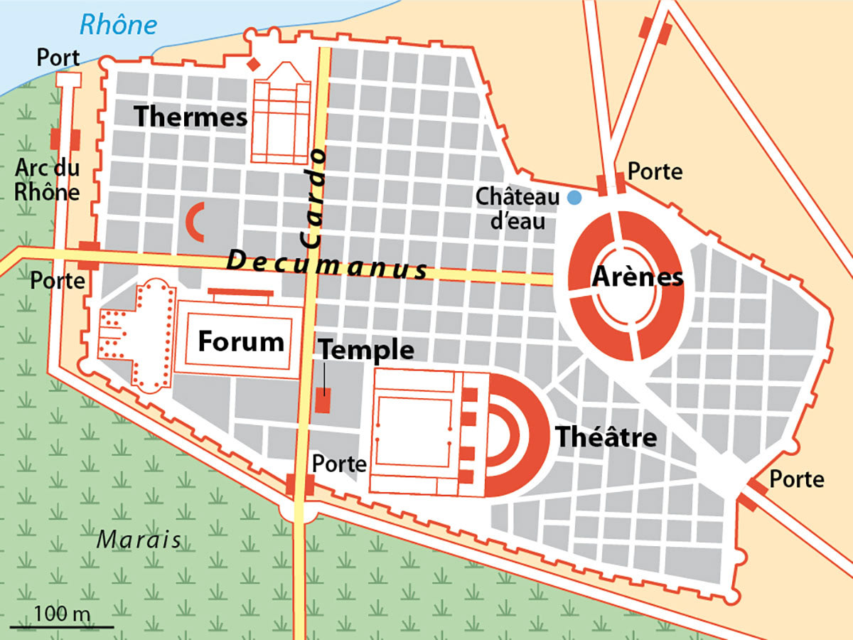 La cité romaine d’Arelate (Arles)  • CM1 histoire • Éditions Retz • Cartographie Fabrice Le Goff