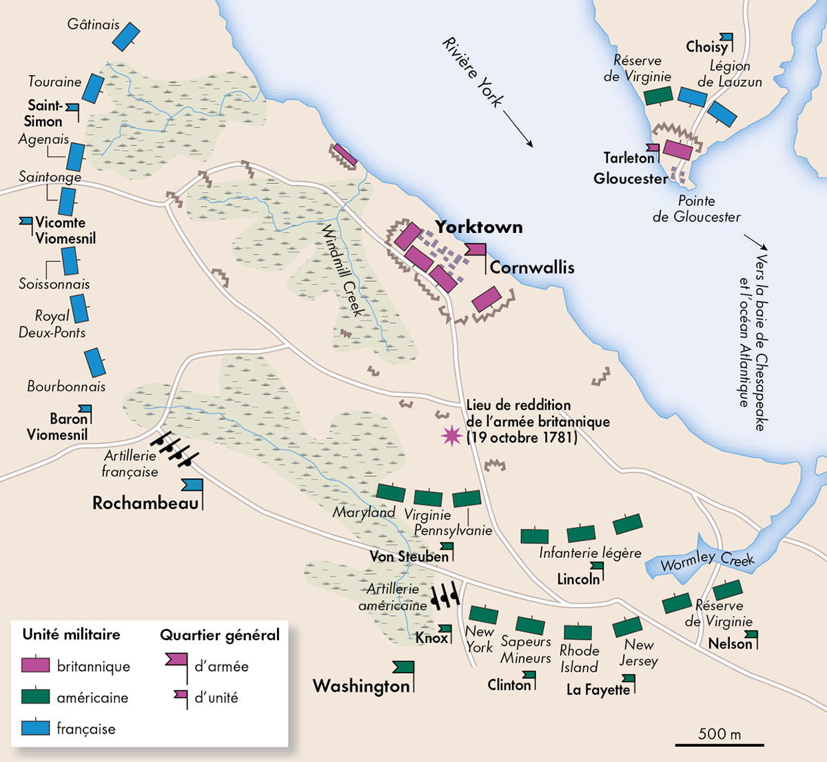 La bataille de Yorktown (septembre-octobre 1781) • Atlas des premières colonisations • Éditions Autrement • Cartographie Fabrice Le Goff