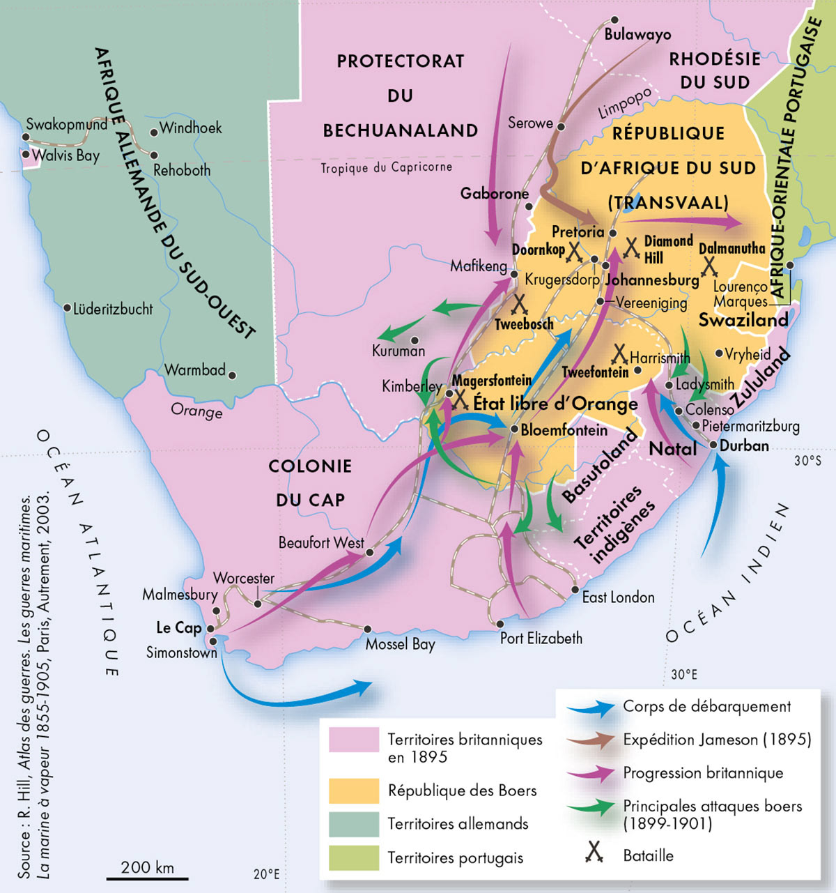 La seconde guerre des Boers (1899-1902) • Atlas des empires coloniaux • Éditions Autrement • Cartographie Fabrice Le Goff