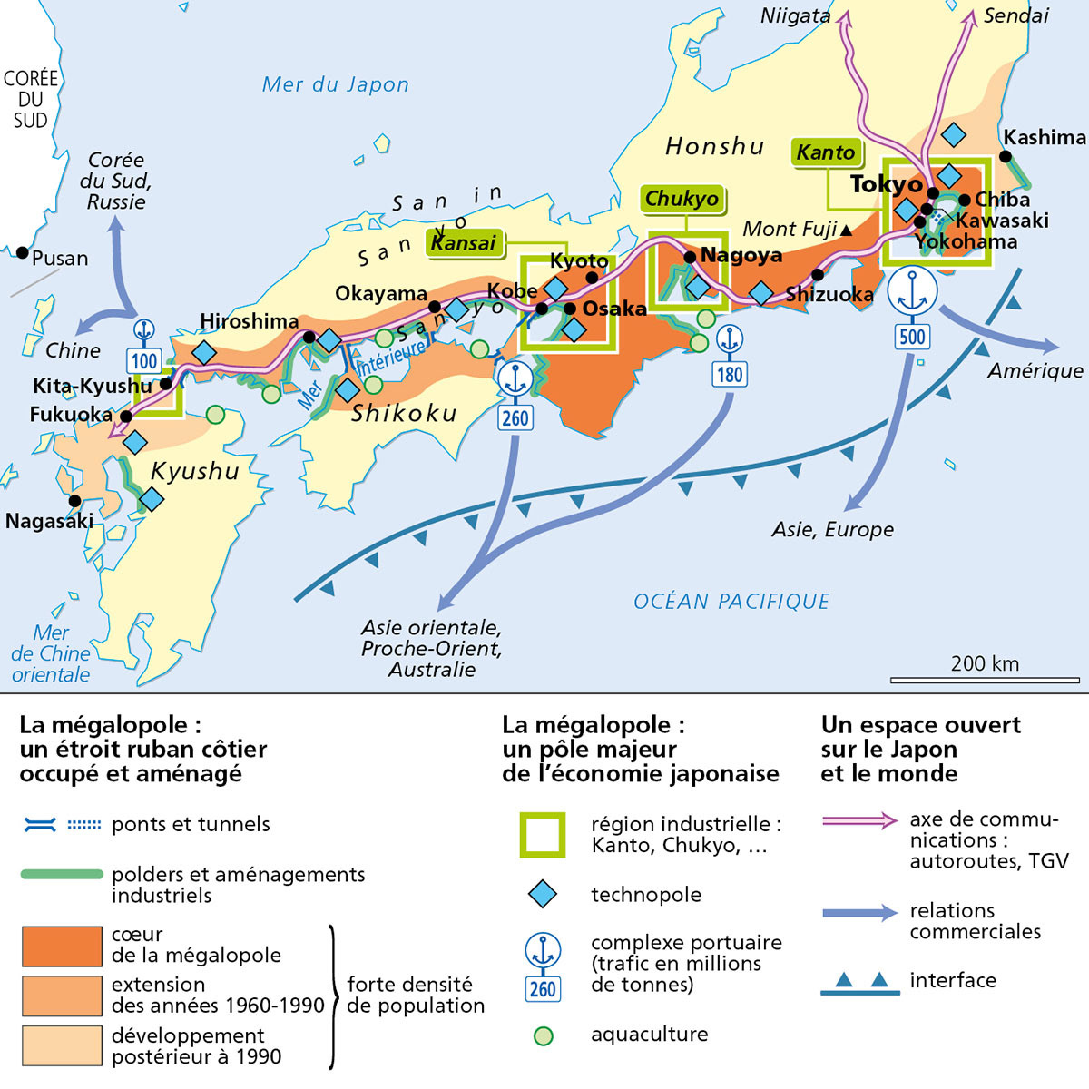Organisation spatiale de la mégalopole japonaise • Objectif Bac. Terminales L/ES/S. Entraînement Histoire Géographie • Hachette Éducation • Cartographie Fabrice Le Goff