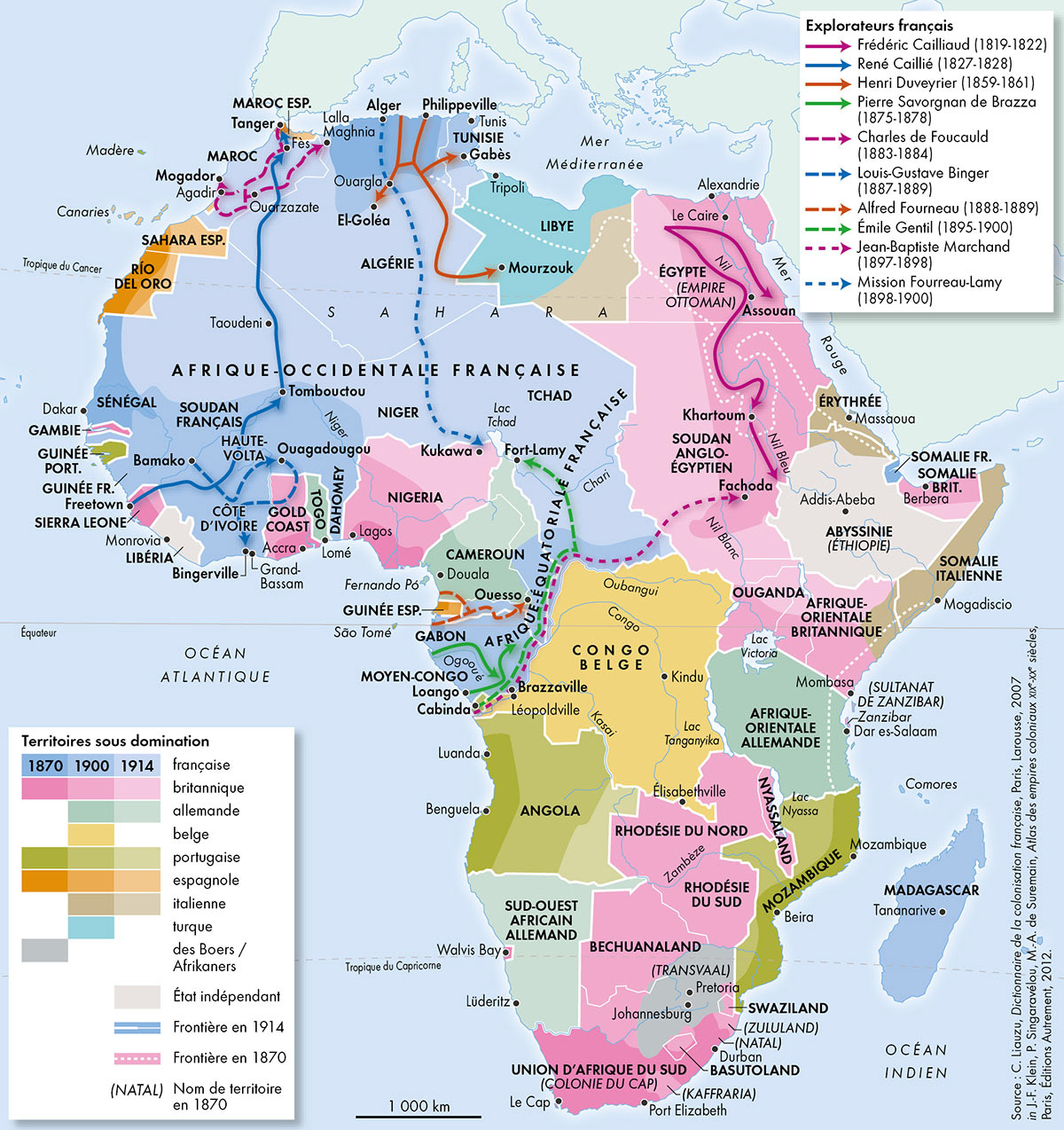 Les explorations françaises en Afrique au XIXe siècle • Nouvel Atlas de l'histoire de France • Éditions Autrement • Cartographie Fabrice Le Goff