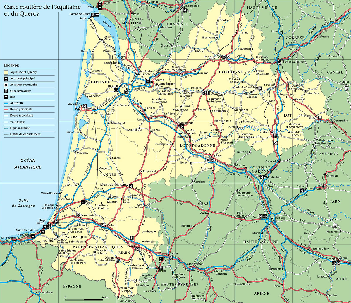 Le réseau routier de l'Aquitaine • Guide Voir Aquitaine • Hachette Tourisme • Cartographie Fabrice Le Goff