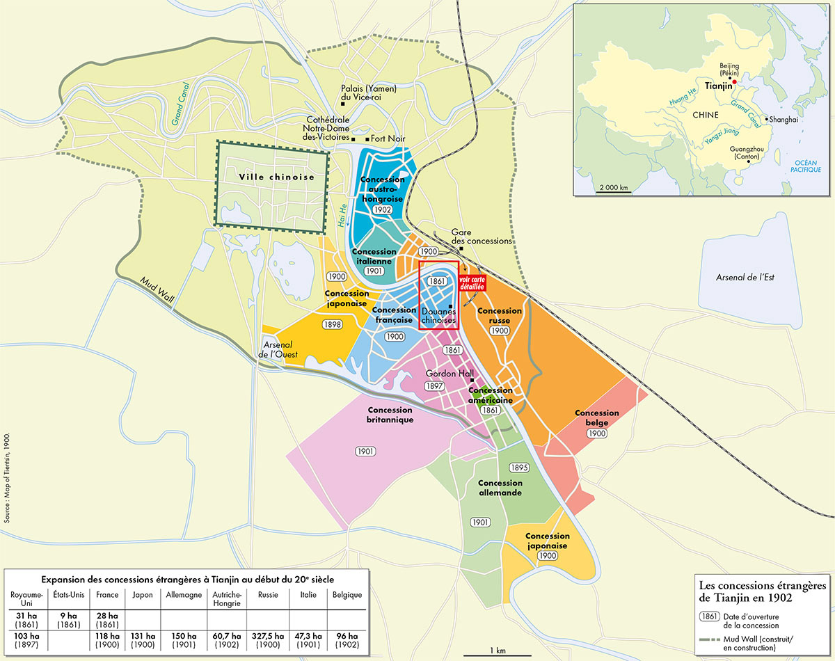 Les concessions étrangères de Tianjin en 1902 • Pierre Singaravélou • Tianjin Cosmopolis. Une autre histoire de la mondialisation • Éditions du Seuil • Cartographie Fabrice Le Goff