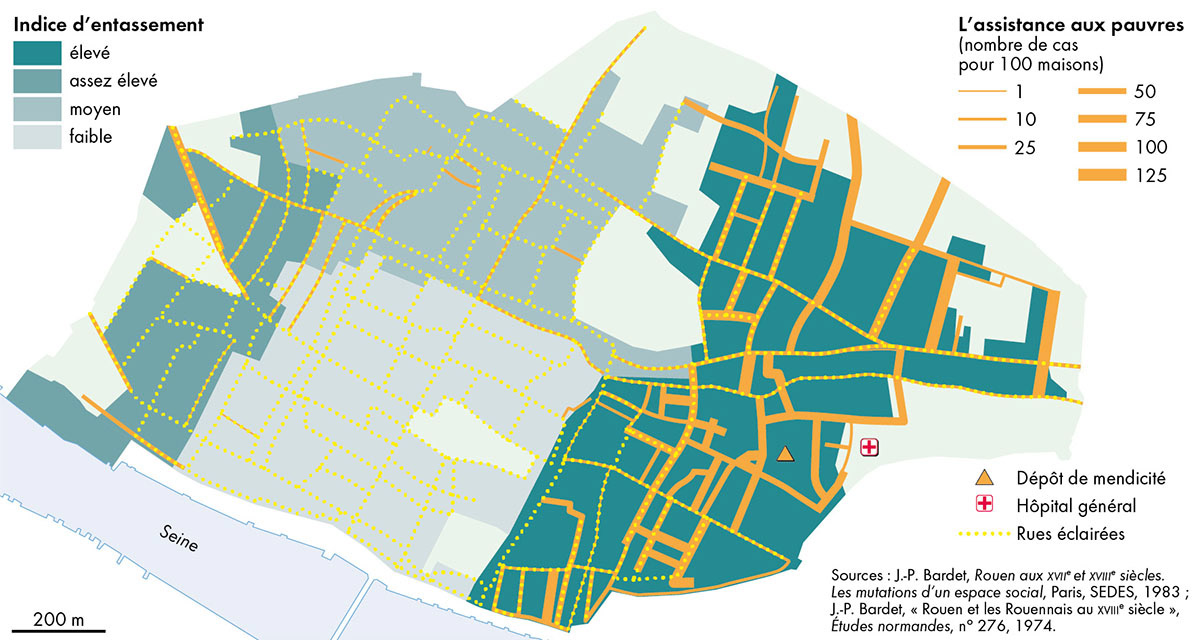 Rouen, vivre la ville à la fin du XVIIe siècle • Atlas de la France moderne • Éditions Autrement • Cartographie Fabrice Le Goff