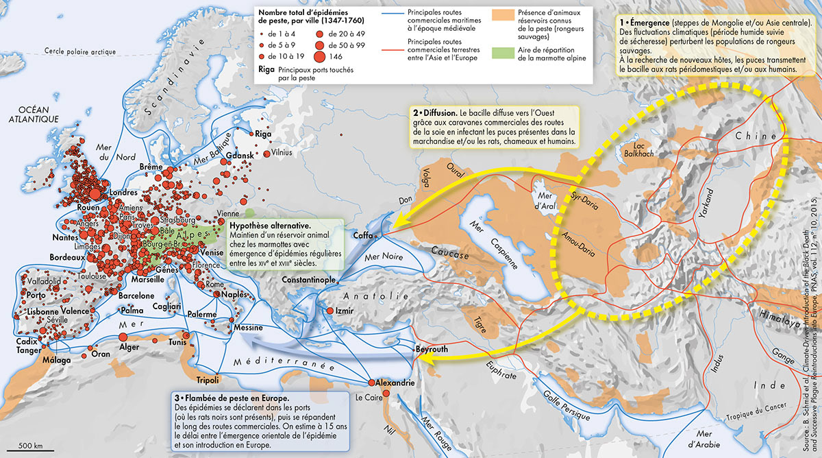 La diffusion de la peste, des steppes mongoles aux grands ports européens • Atlas historique des épidémies • Éditions Autrement • Cartographie Fabrice Le Goff