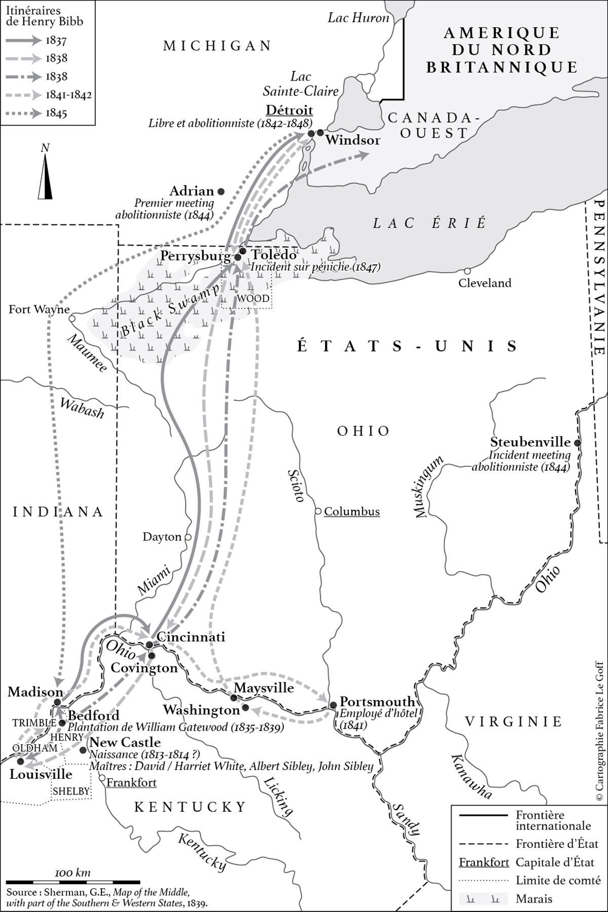 Itinéraires d'un esclave aux États-Unis • Sandrine Ferré-Rode • Récit de la vie et des aventures de Henry Bibb, esclave américain, écrit par lui-même • PURH • Cartographie Fabrice Le Goff