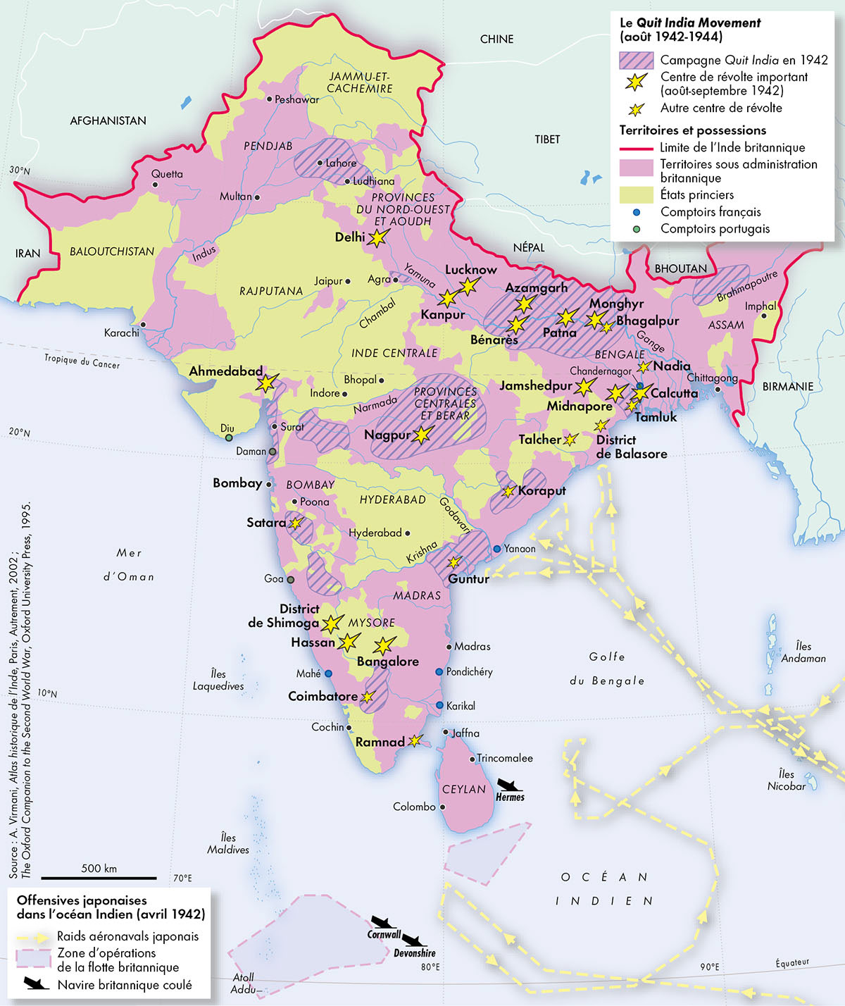 Le Quit India Movement (1942-1944) • Atlas des décolonisations • Éditions Autrement • Cartographie Fabrice Le Goff