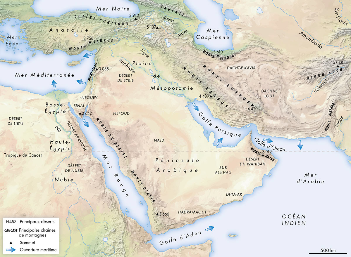Le relief du Moyen-Orient • Atlas historique du Moyen-Orient • Éditions Autrement • Cartographie Fabrice Le Goff