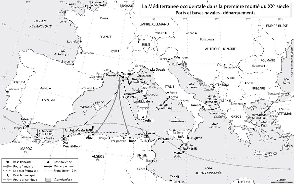 La Méditerranée occidentale dans la première moitié du XXe siècle • Frédéric Saffroy • Le Bouclier de Neptune. La politique de défense des bases françaises en Méditerranée (1912-1931) • PUR • Cartographie Fabrice Le Goff