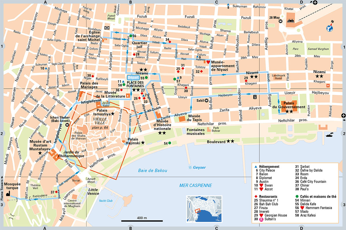 Bakou, la ville européenne • Guide Évasion Azerbaïdjan • Hachette Partenariats • Cartographie Fabrice Le Goff