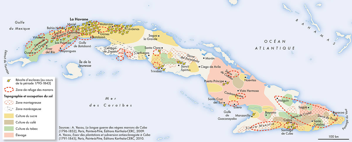 Révoltes et marronnages à Cuba 1795-1843) • Atlas des esclavages • Éditions Autrement • Cartographie Fabrice Le Goff