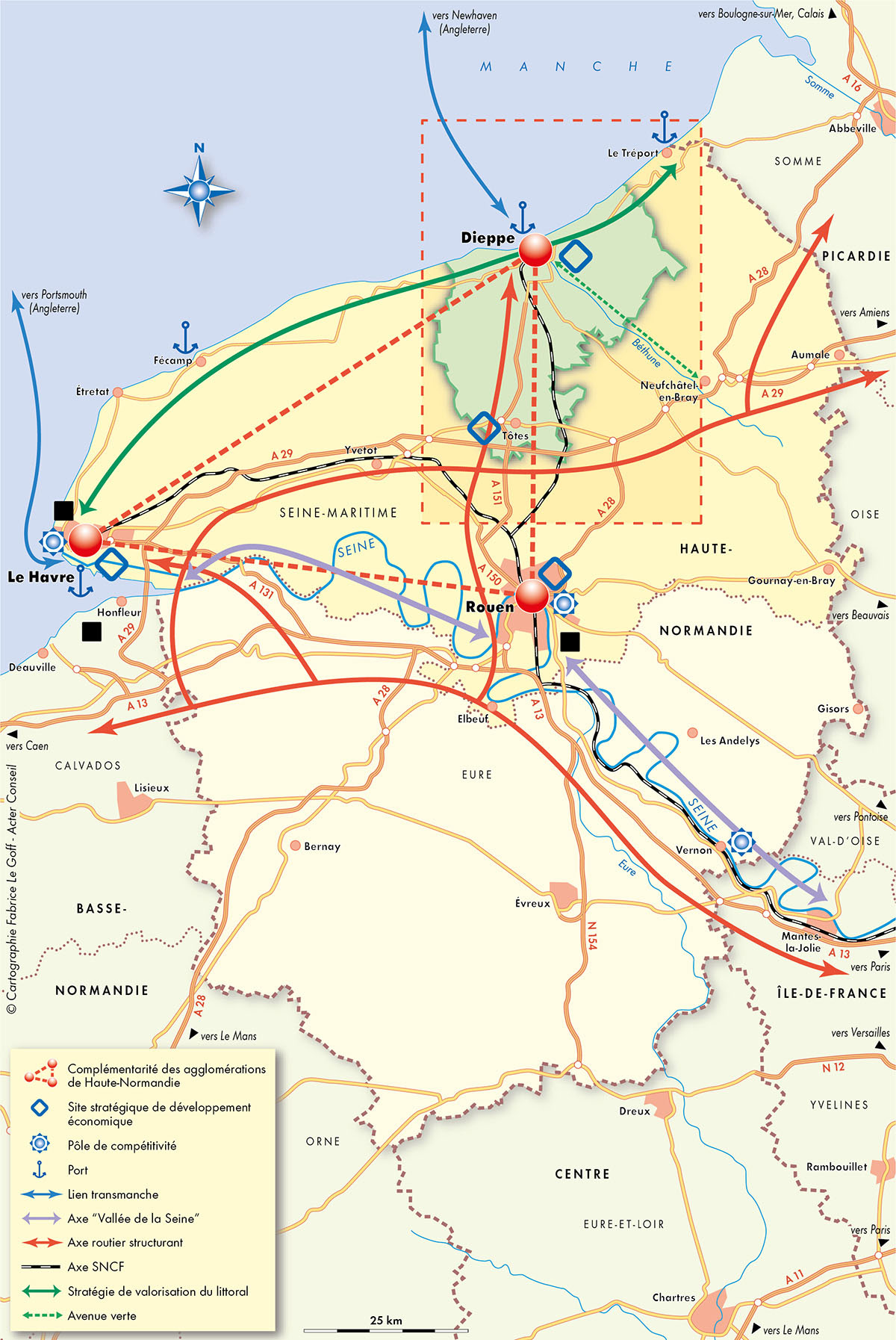 Pays dieppois - Terroir de Caux. Un territoire "arrimé” aux grands courants d’échanges en Normandie • Acter Conseil • Cartographie Fabrice Le Goff