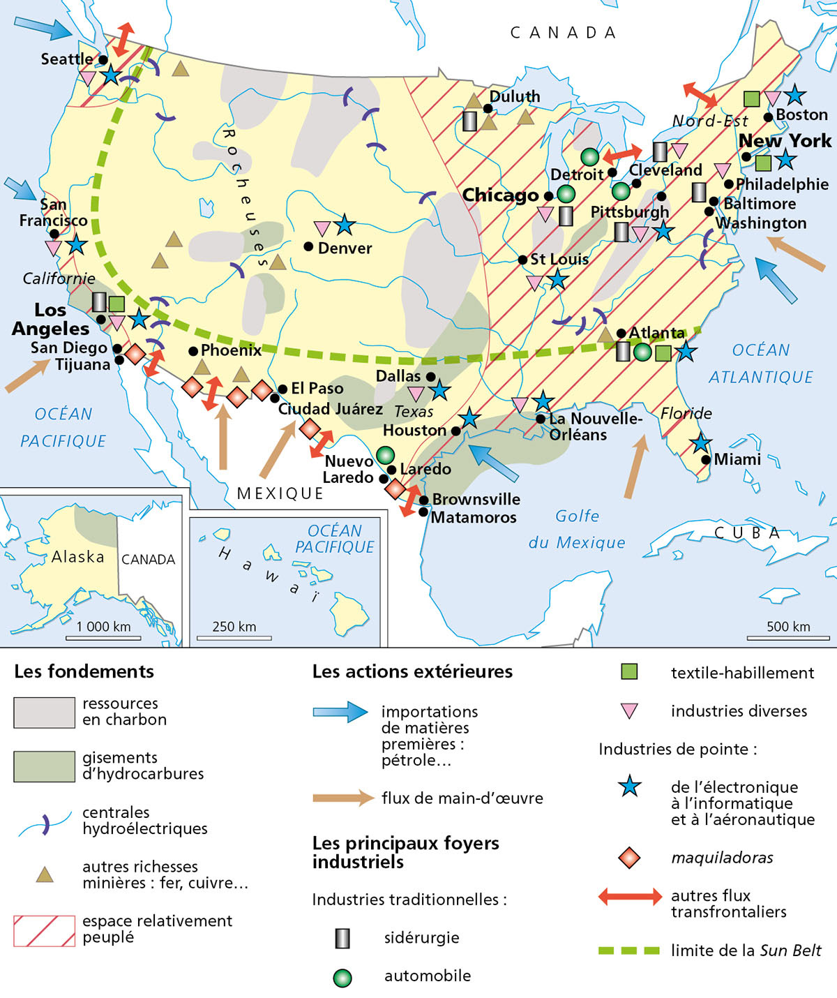 L'espace industriel américain • Objectif Bac. Terminales L/ES/S. Entraînement Histoire Géographie • Hachette Éducation • Cartographie Fabrice Le Goff