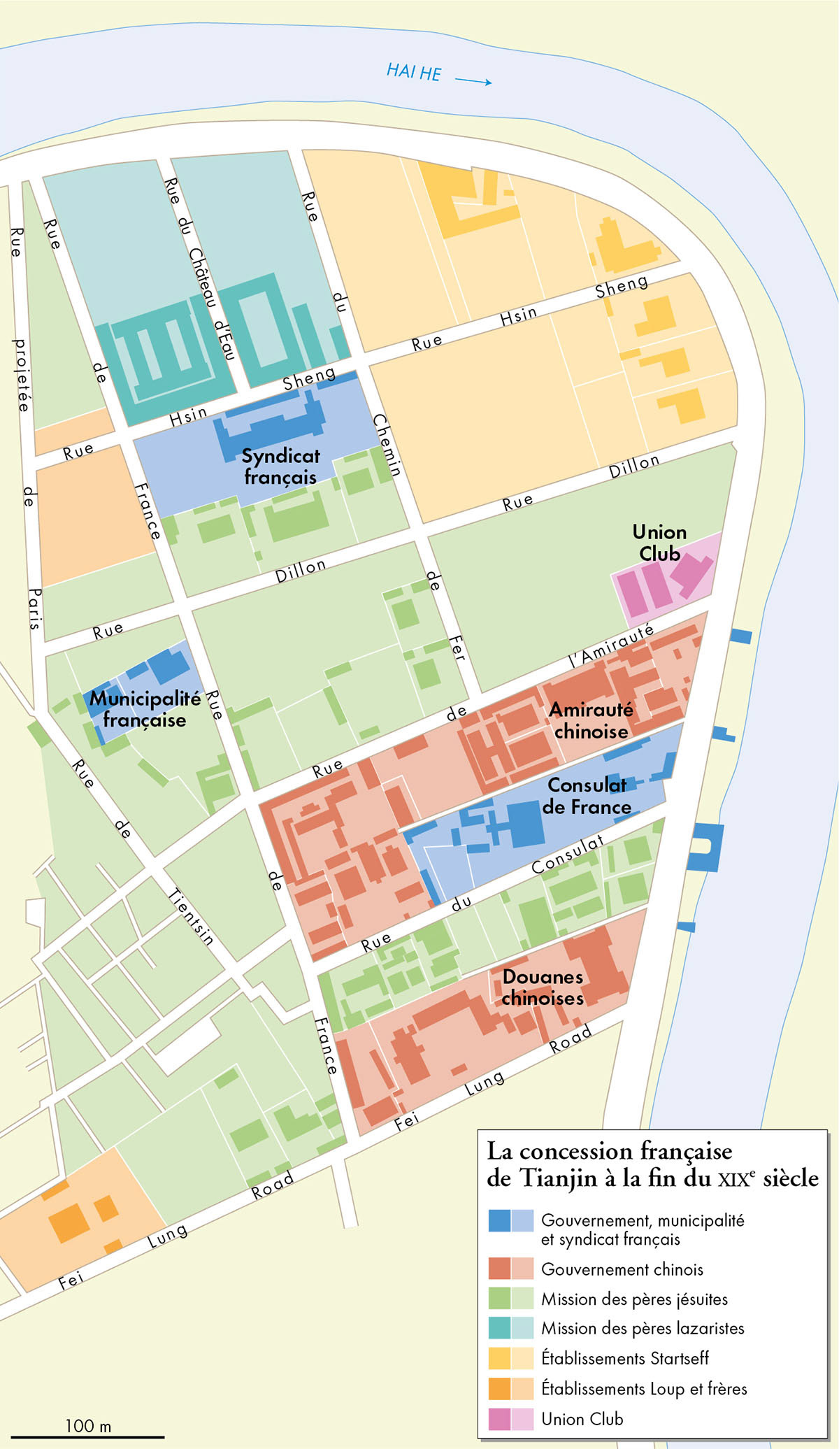 La concession française de Tianjin à la ﬁn du XIXe siècle • Pierre Singaravélou • Tianjin Cosmopolis. Une autre histoire de la mondialisation • Éditions du Seuil • Cartographie Fabrice Le Goff