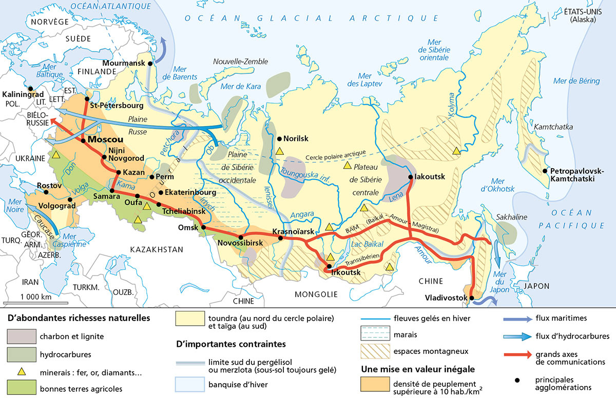Les atouts et contraintes de l'espace russe • Objectif Bac. Terminales L/ES/S. Entraînement Histoire Géographie • Hachette Éducation • Cartographie Fabrice Le Goff