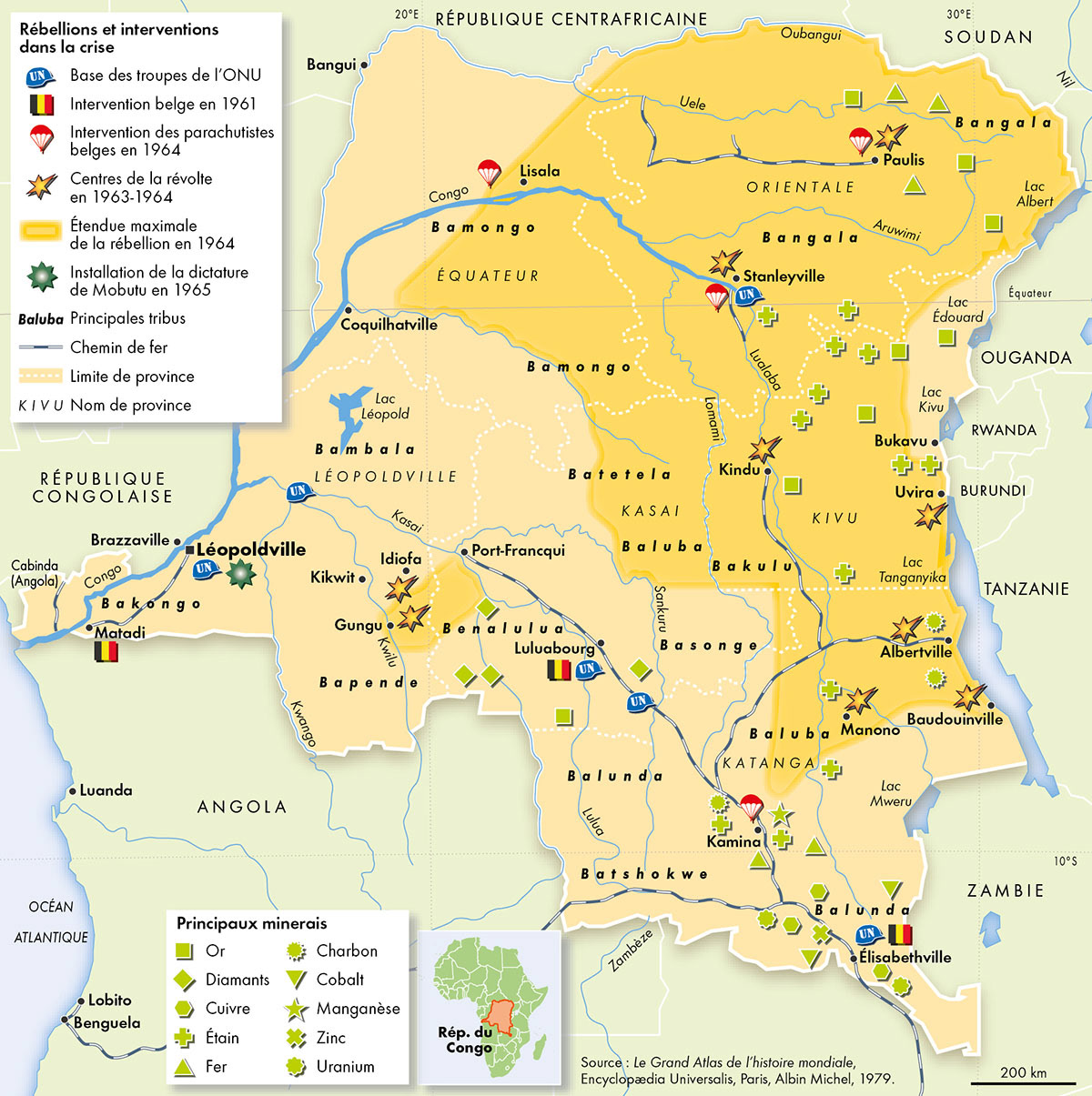 Les rébellions au Congo (1960-1965) • Atlas des décolonisations • Éditions Autrement • Cartographie Fabrice Le Goff