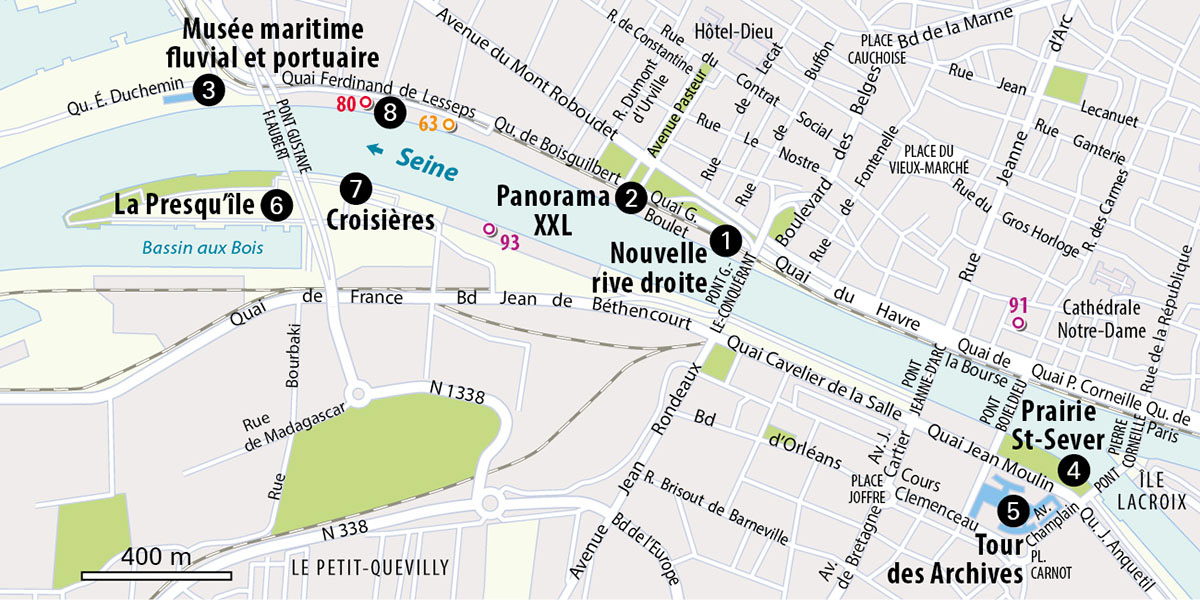 Rouen, les quais de Seine • Un Grand Week-end à Rouen et ses environs • Hachette Tourisme • Cartographie Fabrice Le Goff