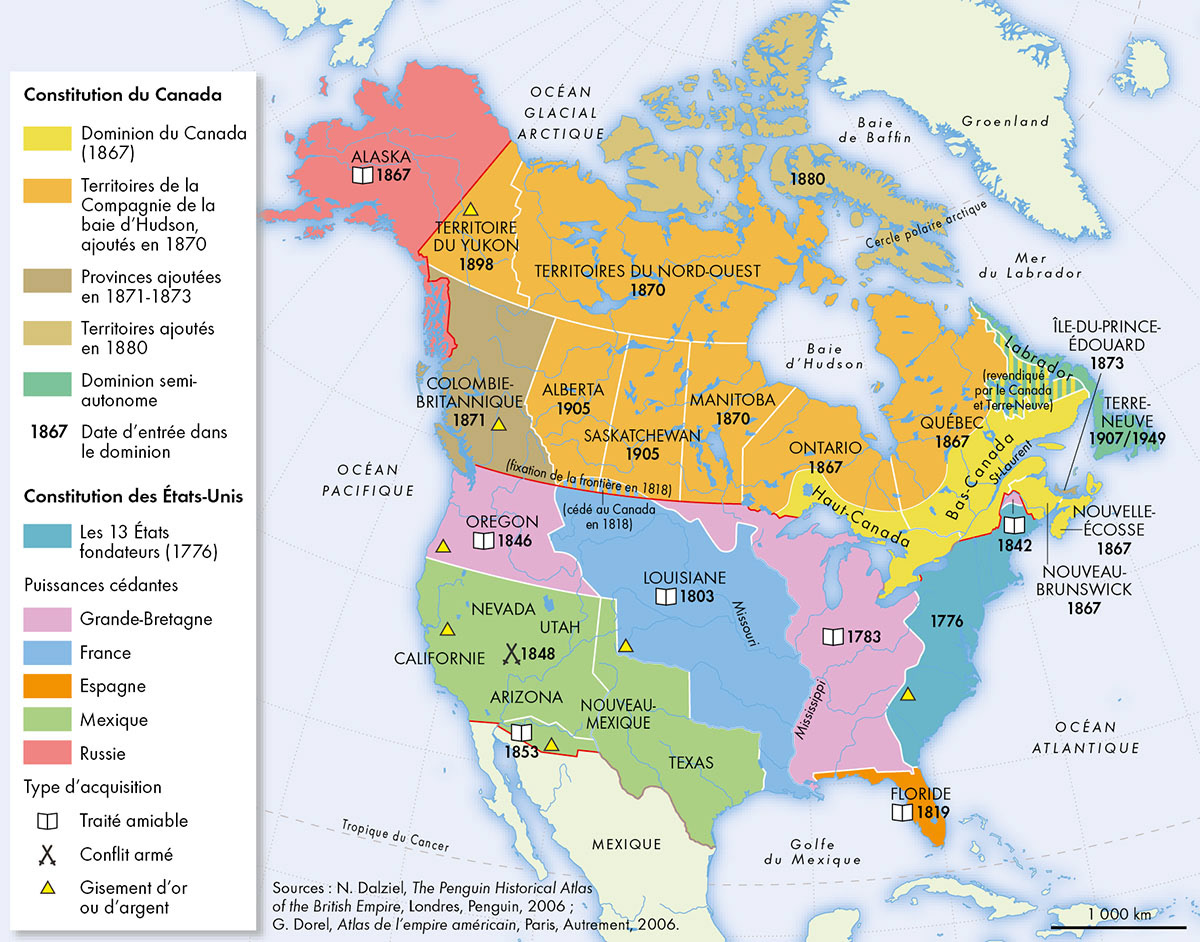 L'appropriation du territoire nord-américain au XIXe siècle • Atlas des empires coloniaux • Éditions Autrement • Cartographie Fabrice Le Goff