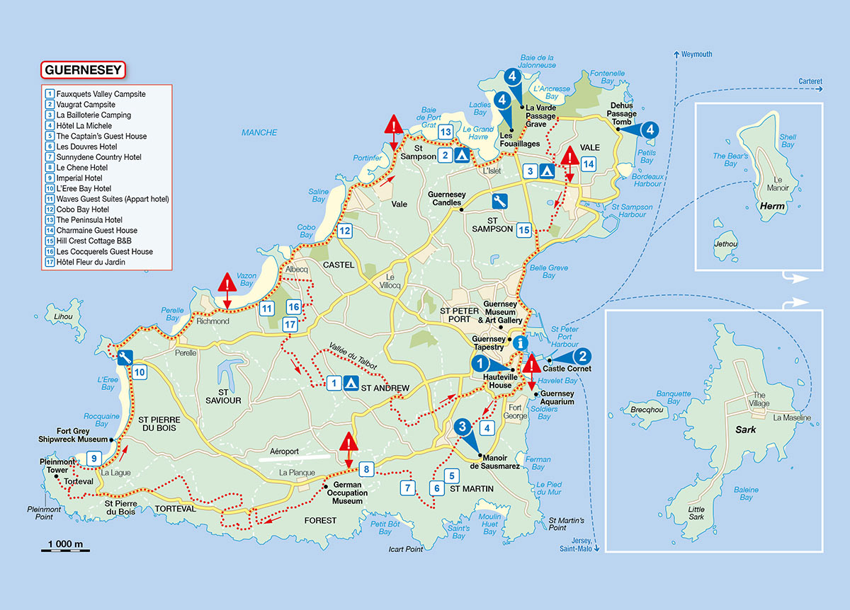 Itinéraires cyclables à Guernesey • Le Tour de Manche, tome 2. De Saint-Malo à Saint-Malo • Éditions Itinérance à Vélo • Cartographie Fabrice Le Goff