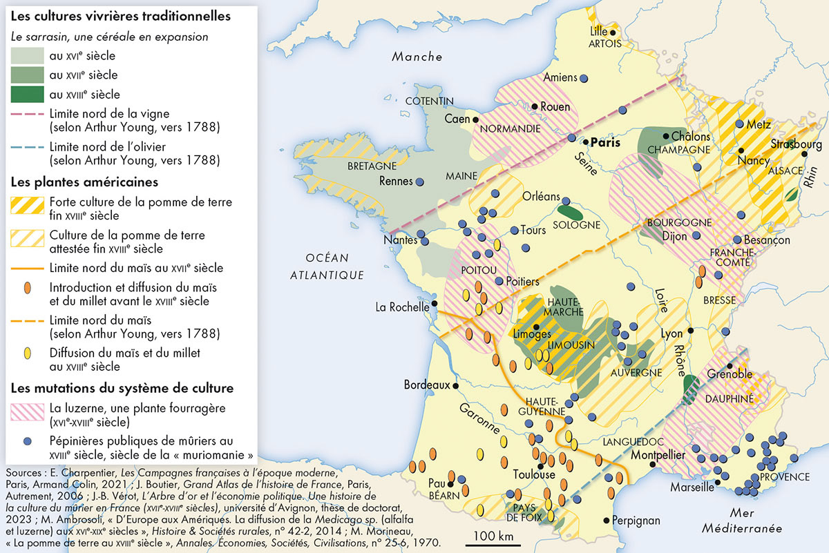 De nouvelles cultures aux XVIIe et XVIIIe siècles • Atlas de la France moderne • Éditions Autrement • Cartographie Fabrice Le Goff