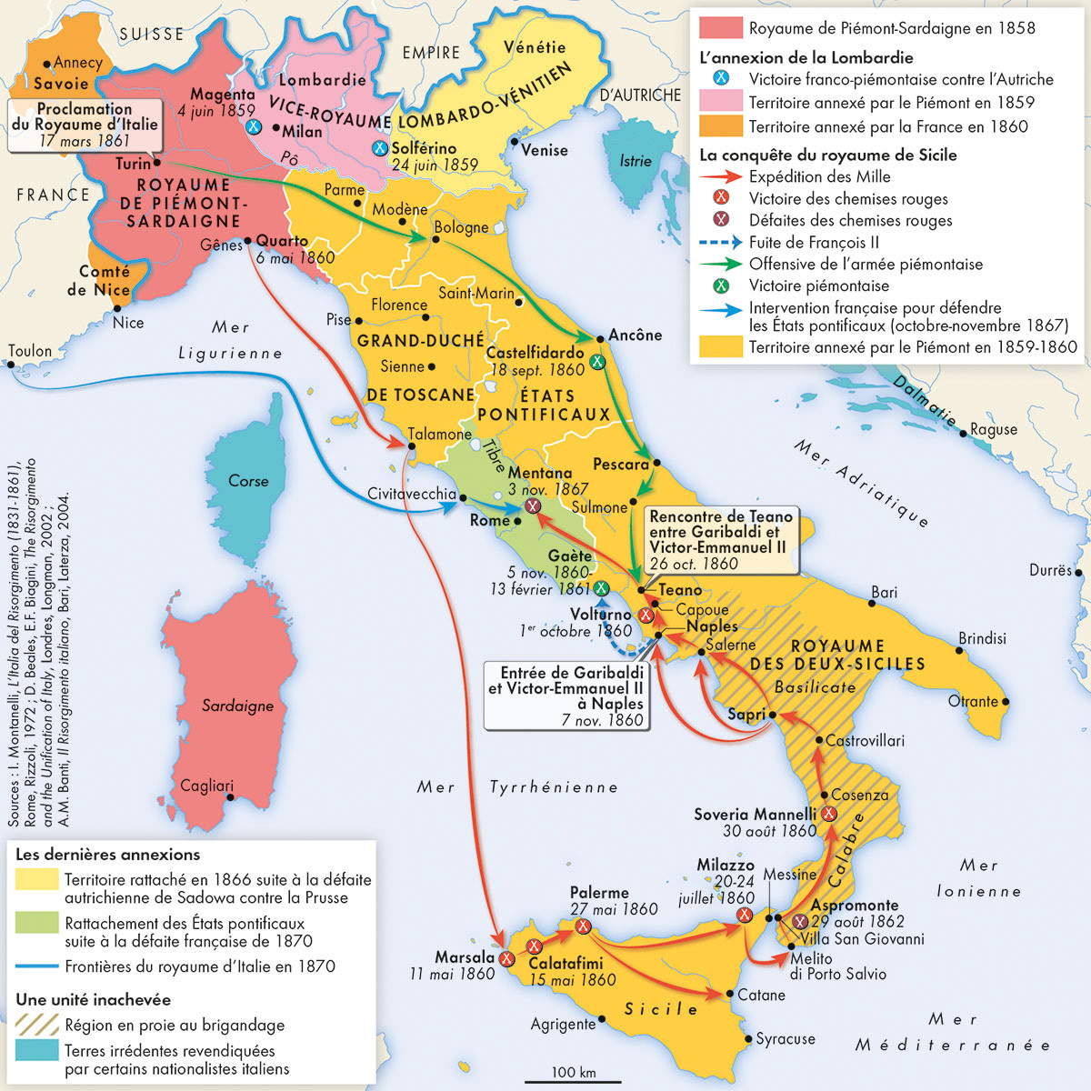 L'unification italienne (1858-1870) • Atlas historique de la Méditerranée • Éditions Autrement • Cartographie Fabrice Le Goff