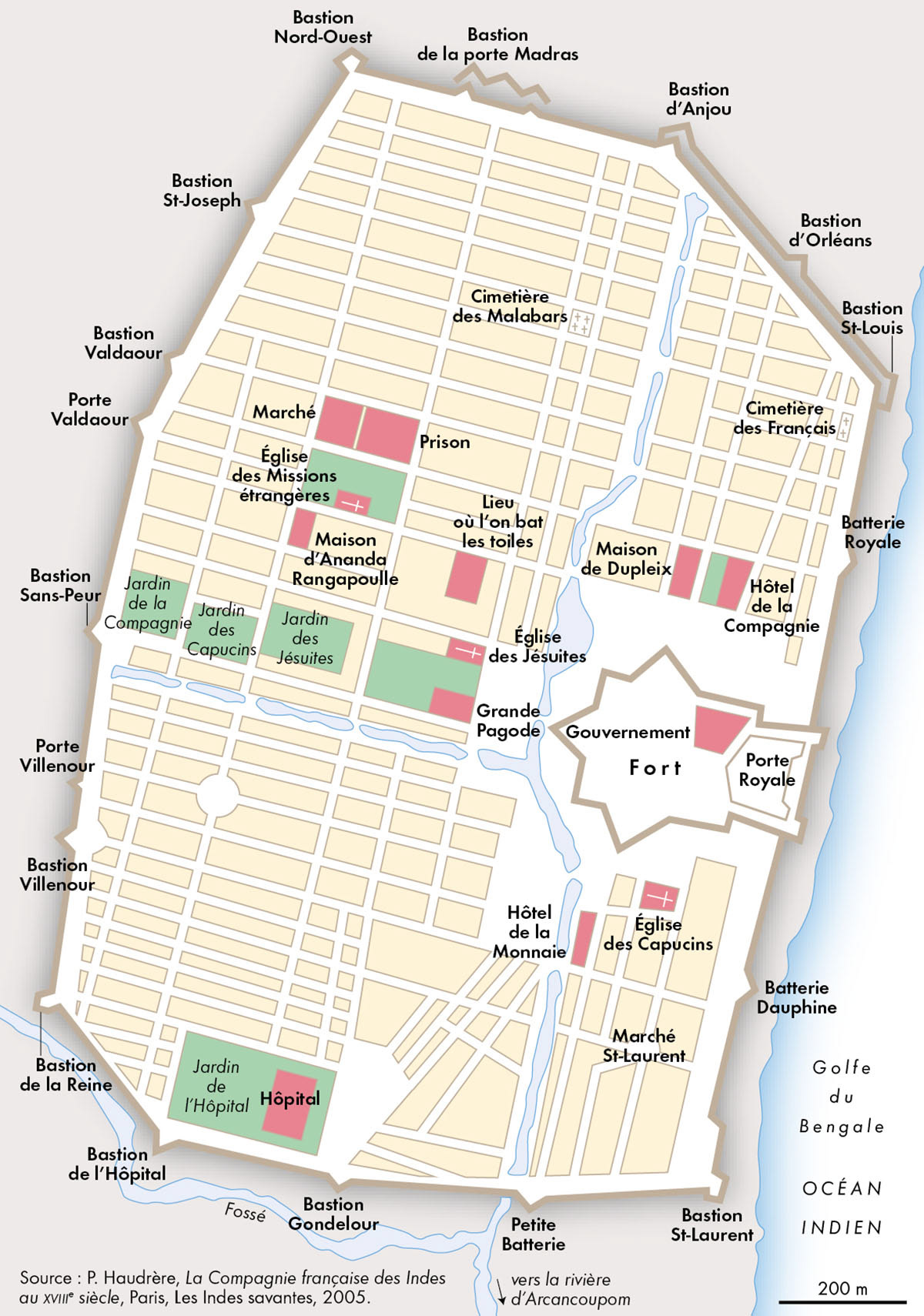 Pondichéry au milieu du XVIIIe siècle • Atlas des premières colonisations • Éditions Autrement • Cartographie Fabrice Le Goff