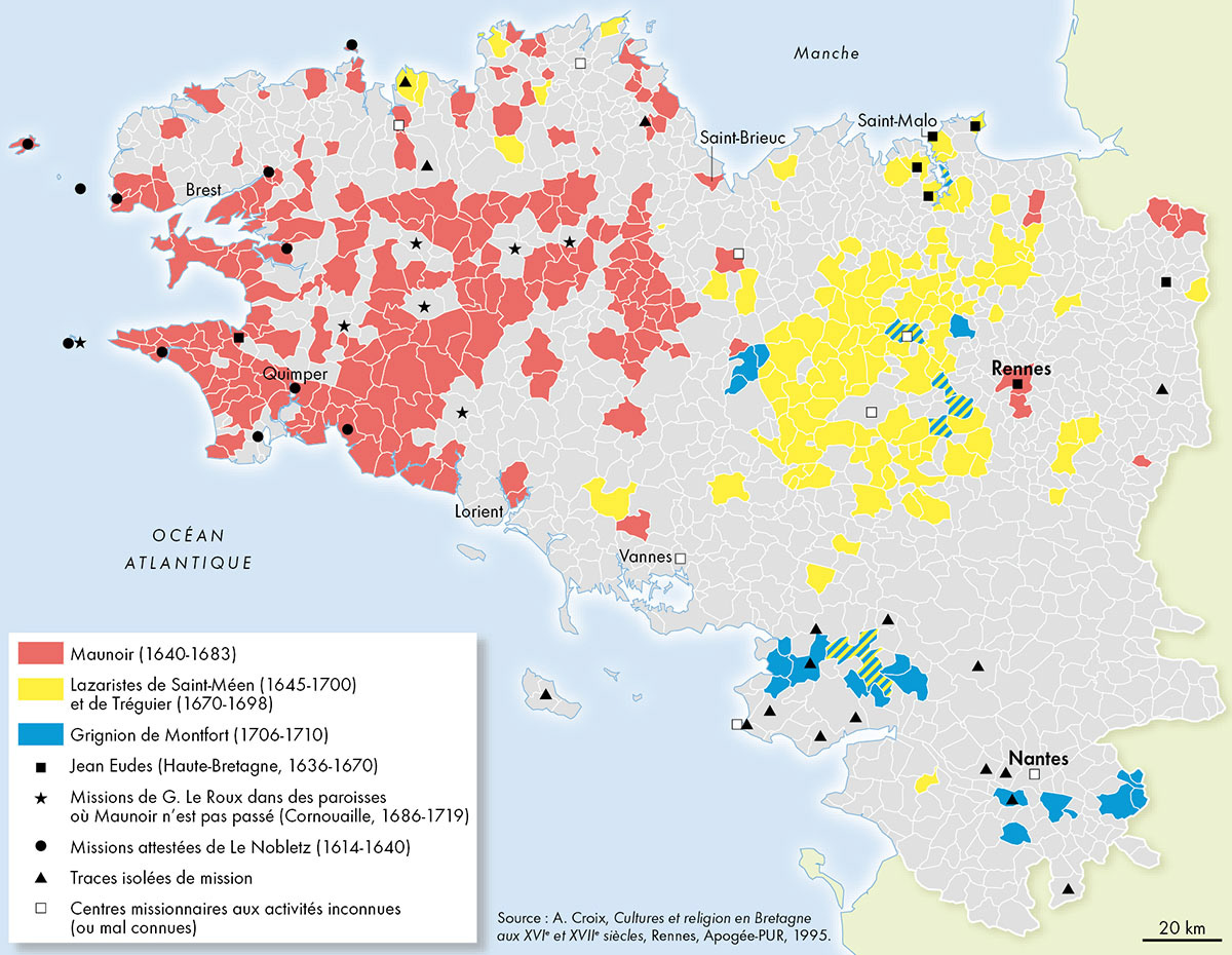 Les missions catholiques en Bretagne • Nouvel Atlas de l'histoire de France • Éditions Autrement • Cartographie Fabrice Le Goff