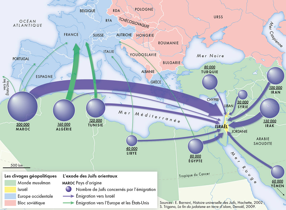 La grande migration des Juifs d'Orient (1945-1975) • Atlas historique de la Méditerranée • Éditions Autrement • Cartographie Fabrice Le Goff