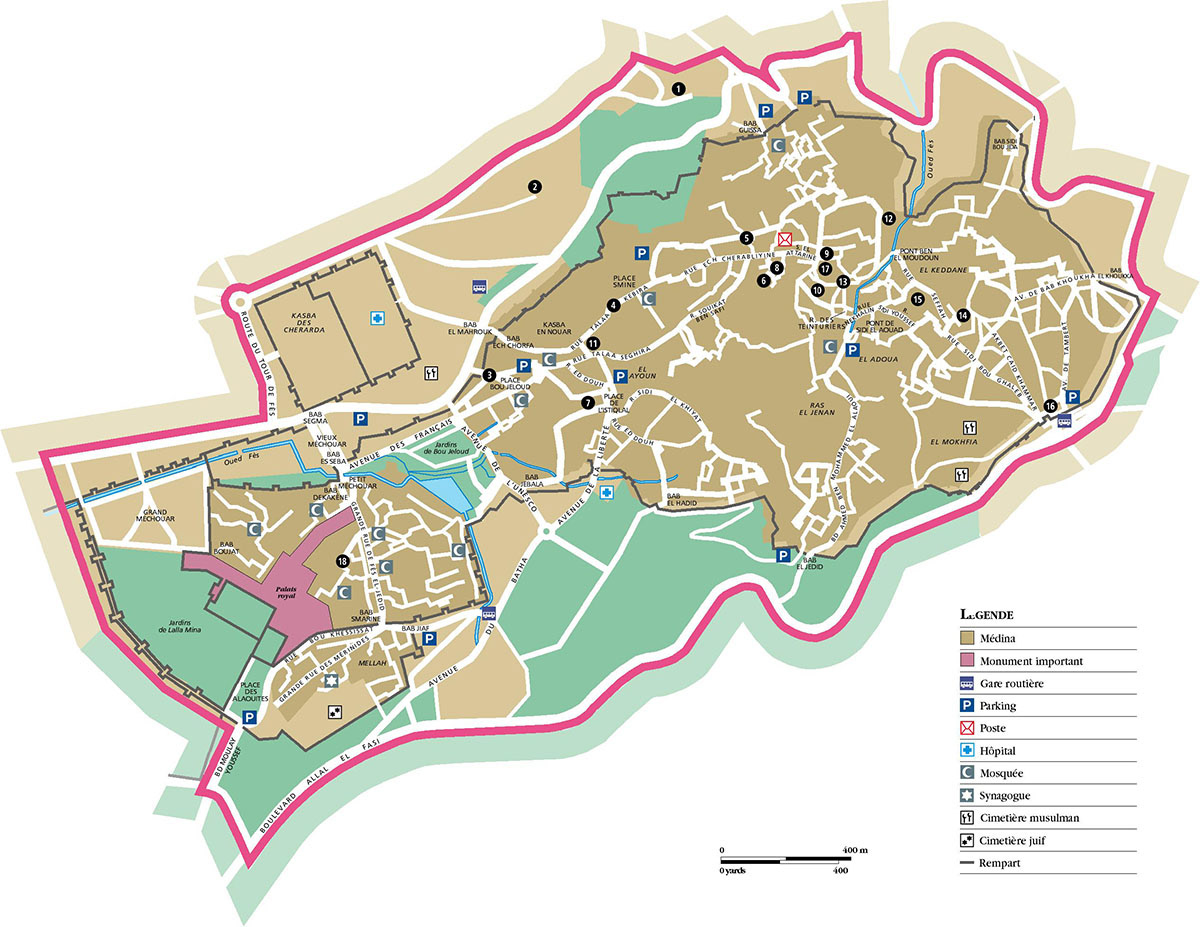Fès, la médina • Guide Voir Maroc • Hachette Tourisme • Cartographie Fabrice Le Goff