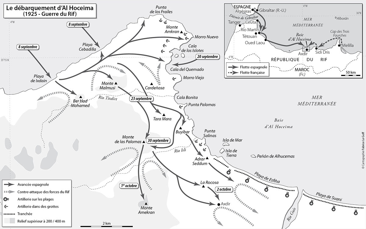 Le débarquement d'Al Hoceima • Frédéric Saffroy • Le Bouclier de Neptune. La politique de défense des bases françaises en Méditerranée (1912-1931) • PUR • Cartographie Fabrice Le Goff