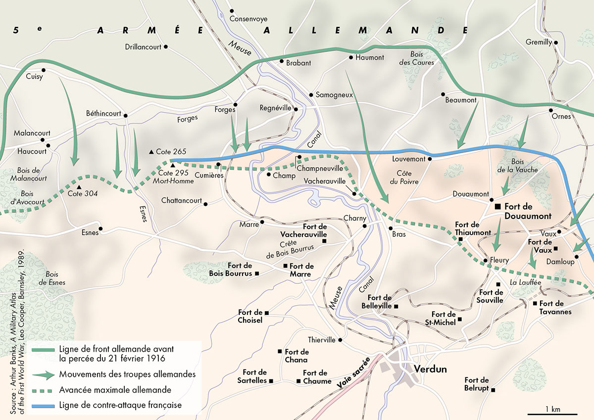 L'avancée allemande au début de la bataille de Verdun (février 1916) • Atlas de la Première Guerre mondiale • Éditions Autrement • Cartographie Fabrice Le Goff