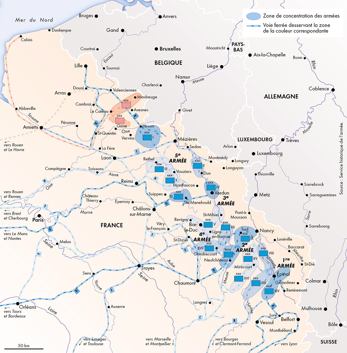 Les armées françaises à la veille des offensives : le plan XVII • Atlas de la Première Guerre mondiale • Éditions Autrement • Cartographie Fabrice Le Goff