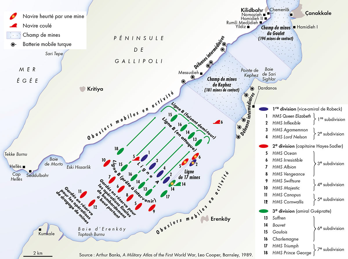 L'échec des Alliés aux Dardanelles (15 mars 1915) • Atlas de la Première Guerre mondiale • Éditions Autrement • Cartographie Fabrice Le Goff