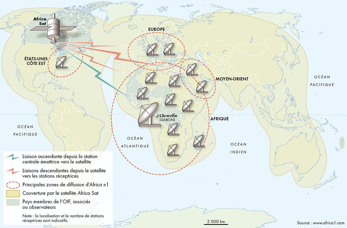Le bassin d'audience d'Africa n°1 • Atlas mondial de la francophonie • Éditions Autrement • Cartographie Fabrice Le Goff