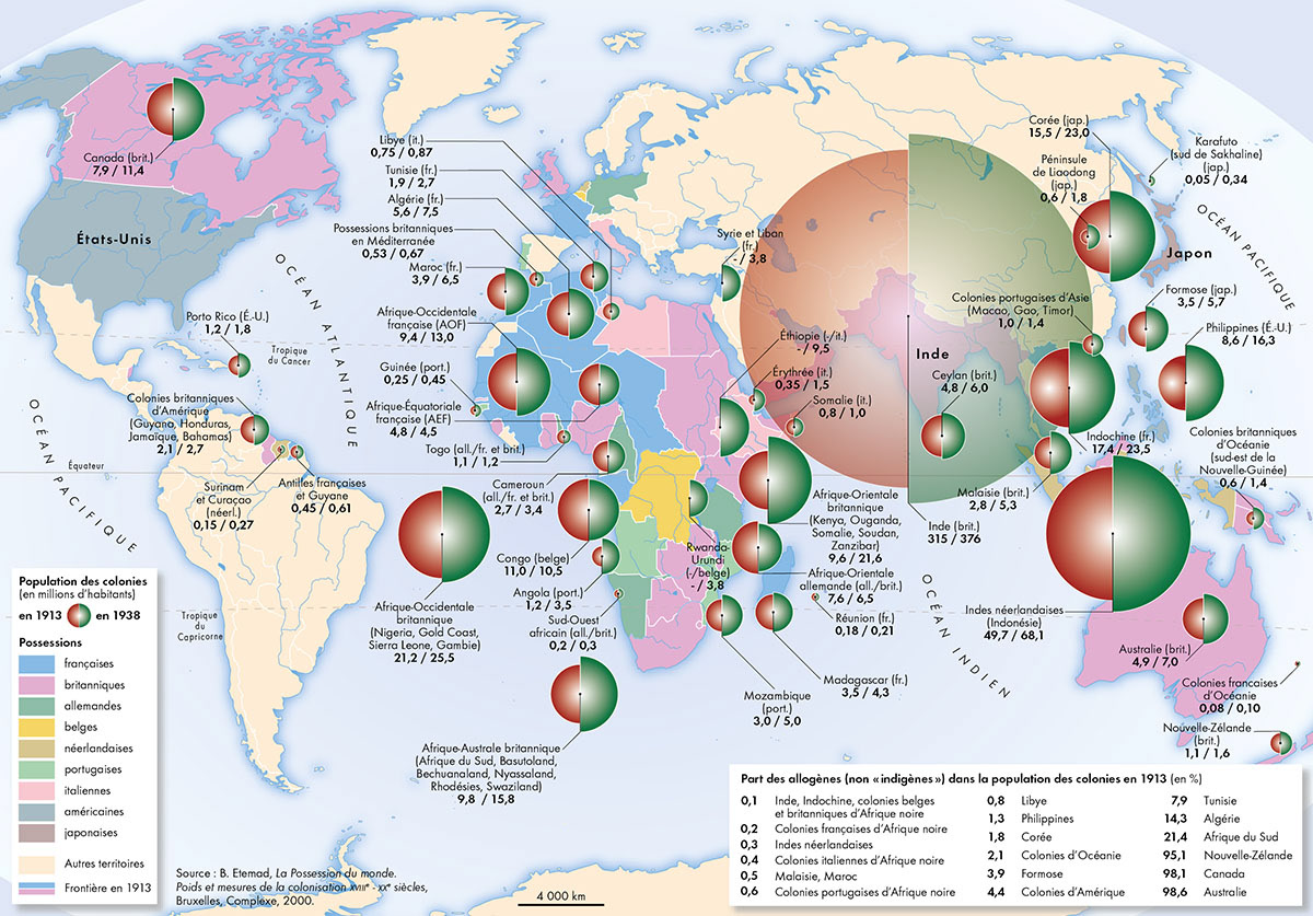 Le poids démographique des colonies (1913 et 1938) • Atlas des empires coloniaux • Éditions Autrement • Cartographie Fabrice Le Goff