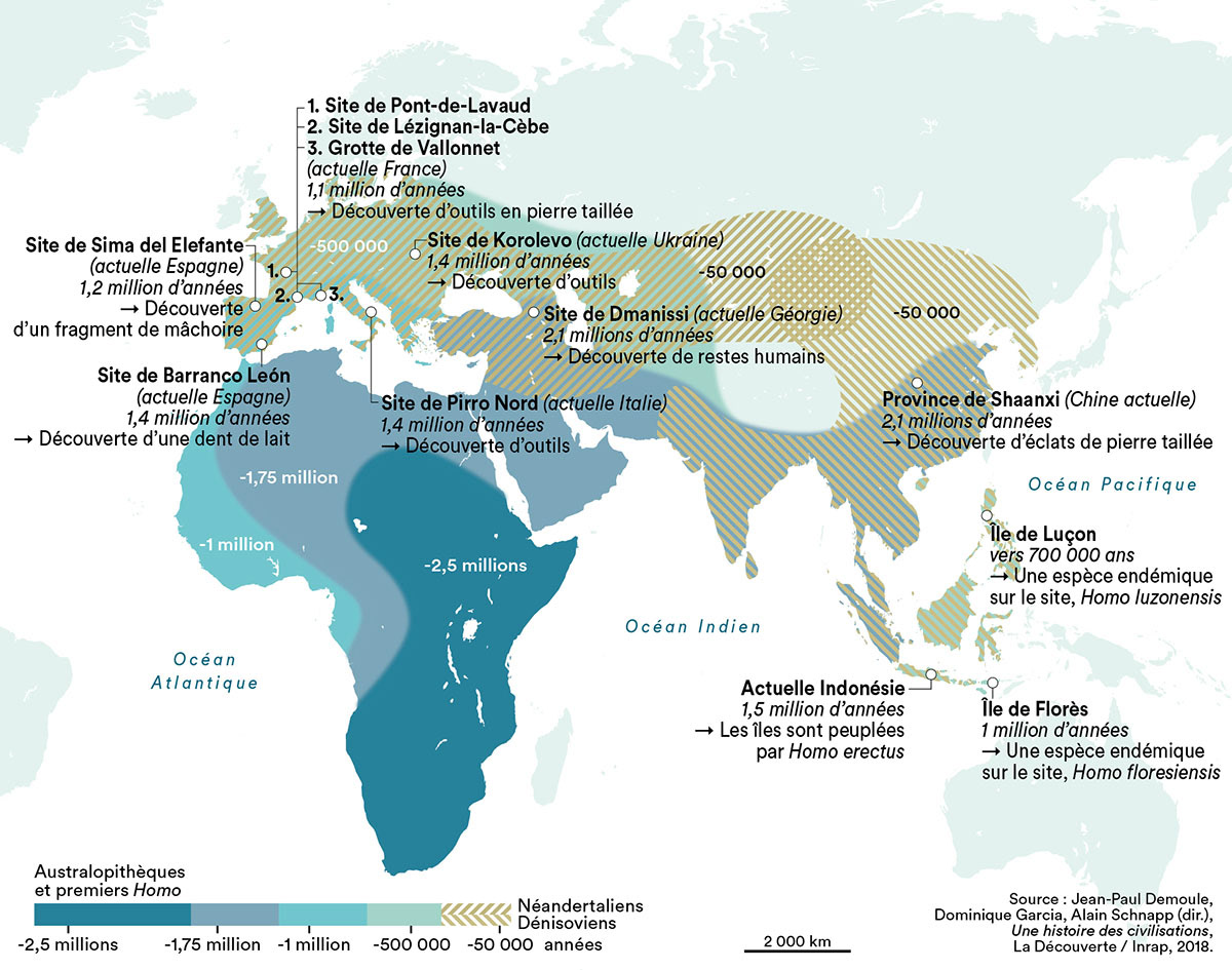 Expansion des premiers hominines • Thomas Ingicco • Migrations. Une odyssée humaine • Éditions du MNHN • Cartographie Fabrice Le Goff
