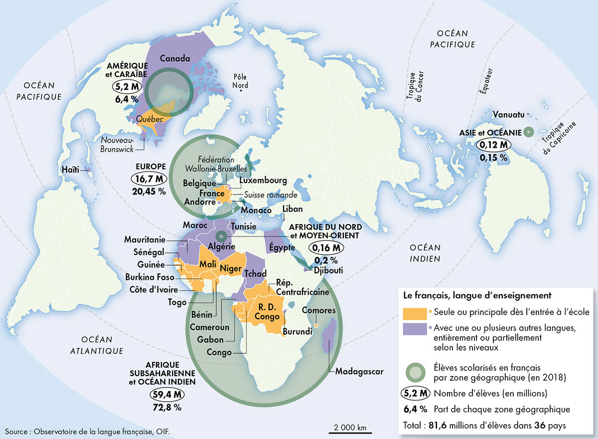 Le français, langue d'enseignement • Atlas de la francophonie • Éditions Autrement • Cartographie Fabrice Le Goff