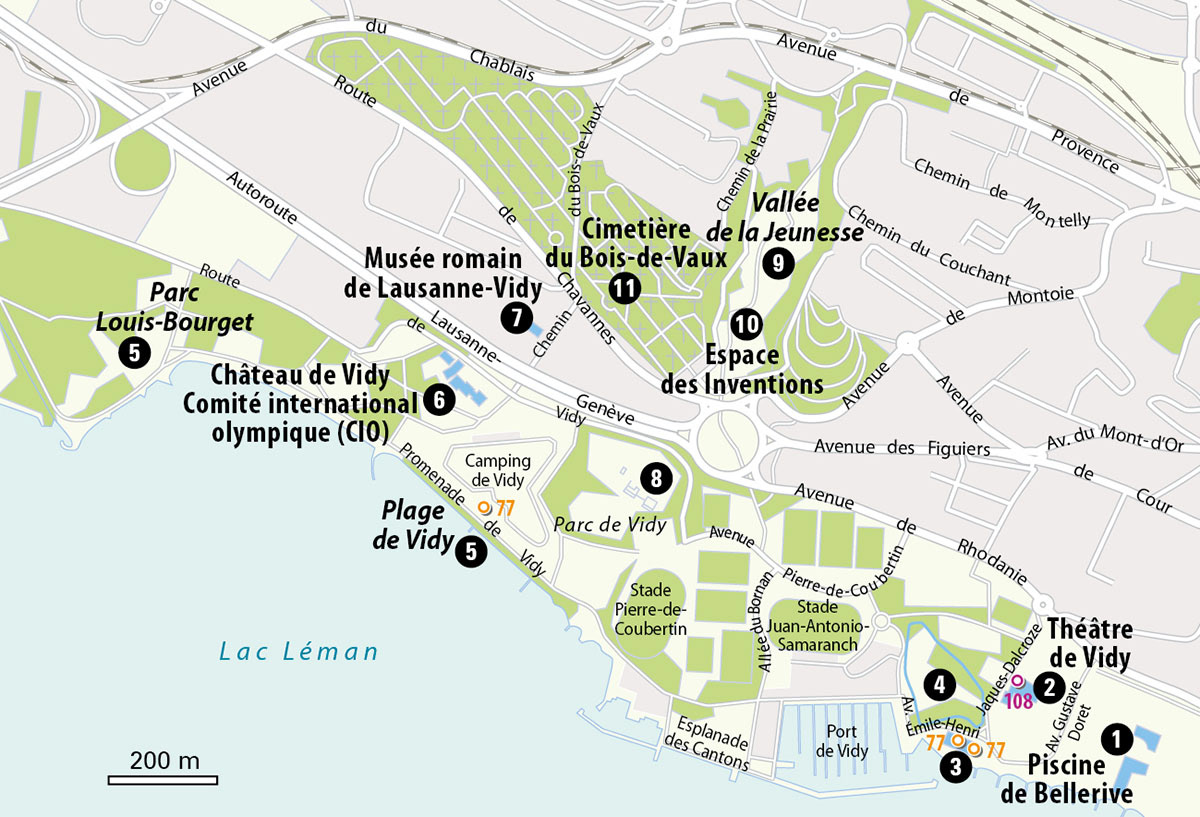 Lausanne, le quartier de Vidy • Un Grand Week-end à Lausanne • Hachette Tourisme • Cartographie Fabrice Le Goff