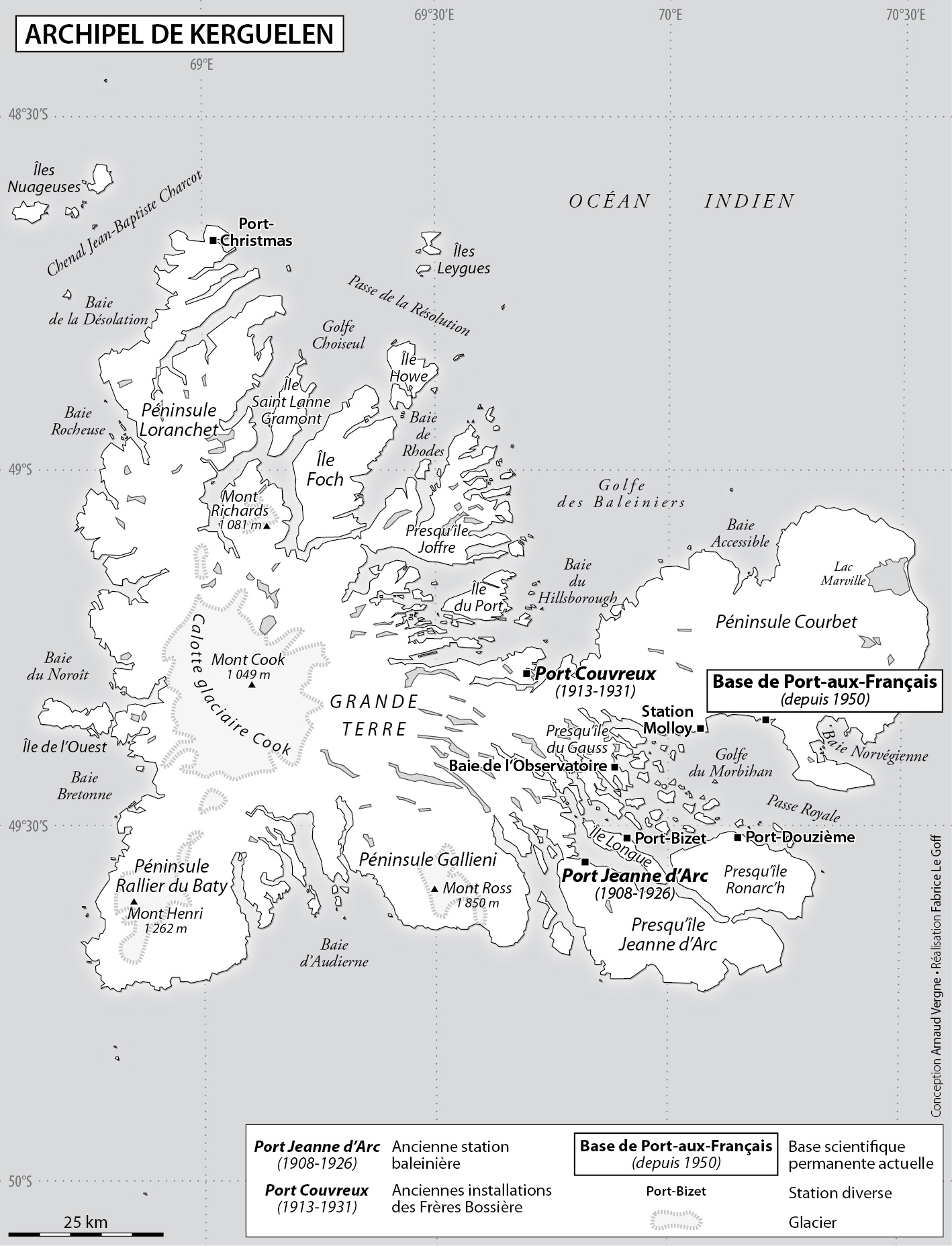 L'archipel de Kerguelen • Arnaud Vergne • L’impossible colonie. La question du statut juridique des terres australes et antarctiques françaises • Presses universitaires juridiques de Poitiers • Cartographie Fabrice Le Goff