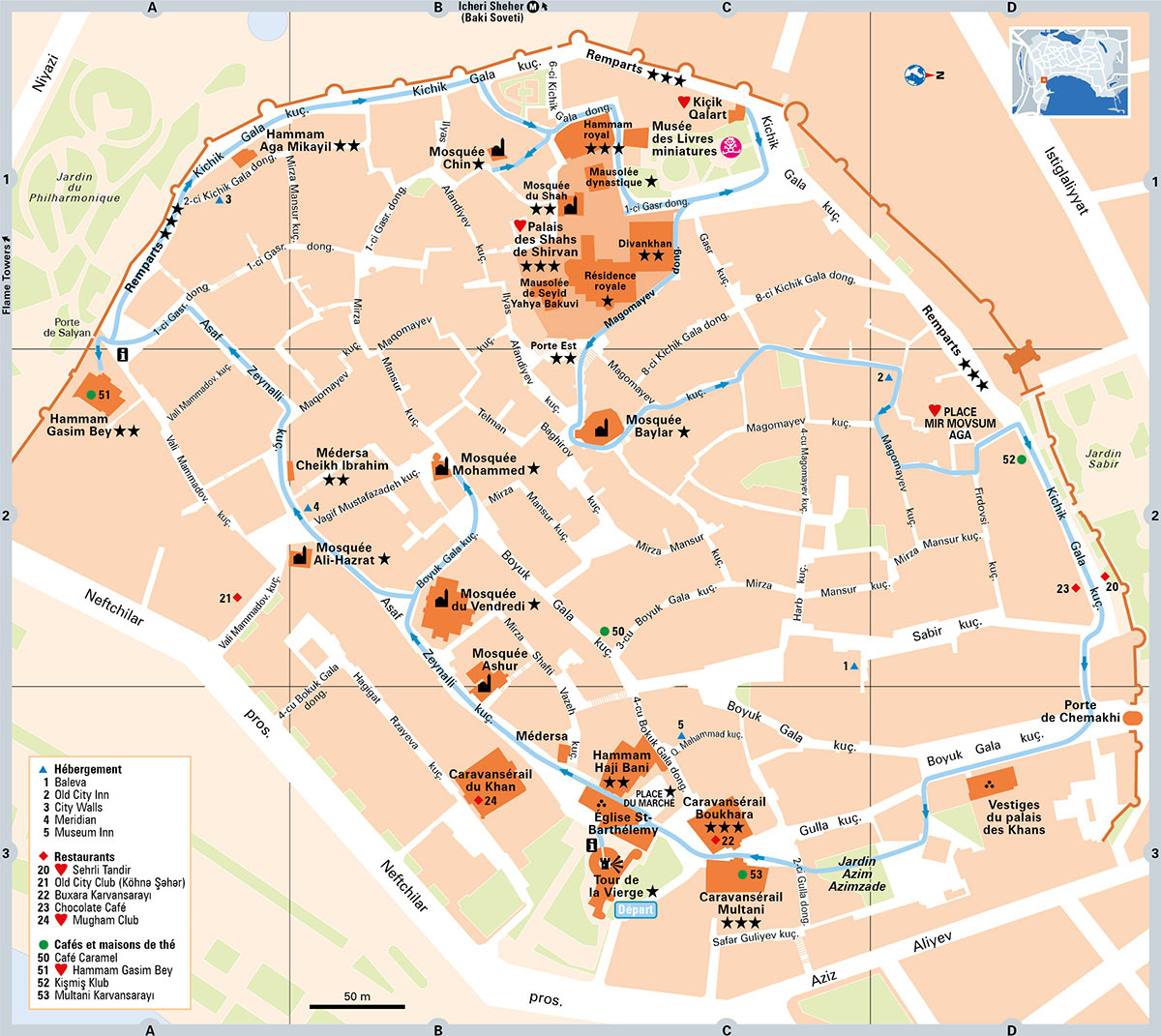 Bakou, la vieille ville • Guide Évasion Azerbaïdjan • Hachette Partenariats • Cartographie Fabrice Le Goff