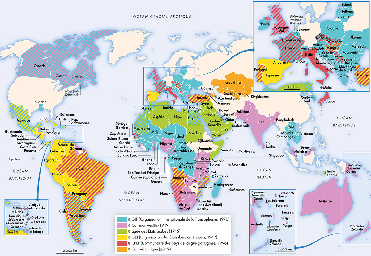 Les membres des diverses alliances linguistiques • Atlas de la francophonie • Éditions Autrement • Cartographie Fabrice Le Goff
